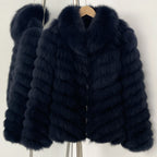 Full view of luxury navy blue tiered real fox fur jacket side A