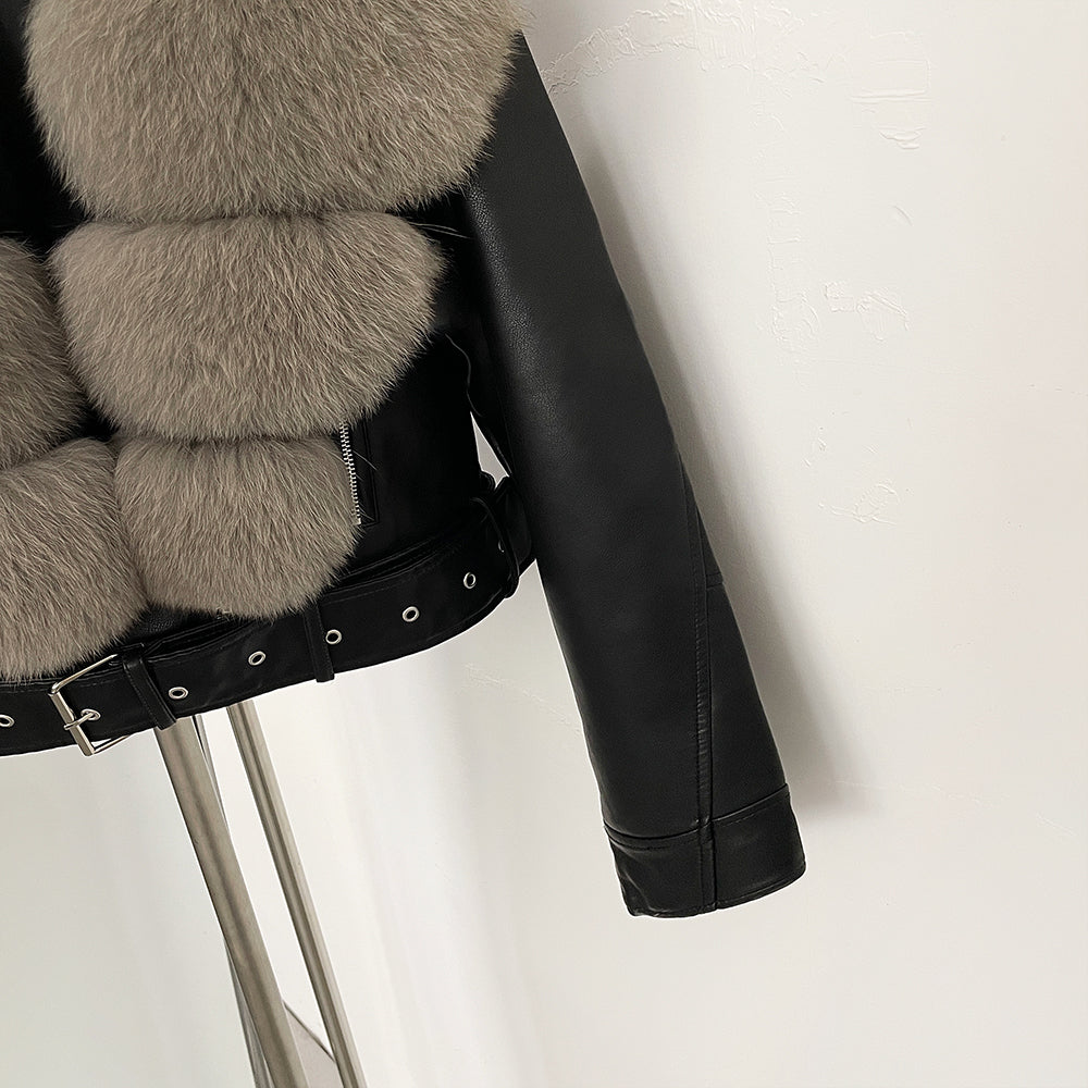 OFTBUY Natural Fox Fur Faux Leather Jacket Female New Autumn Short Top Clothing Women Long Sleeve Fake Leather Real Fur Coat
