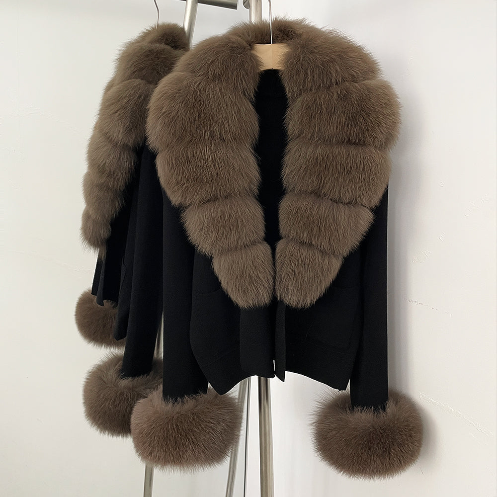 OFTBUY Loose Fit Warm Winter Fashion Lady Outerwear Sweater Female New Women's Knit Cardigan with Large Real Fox Fur Collar