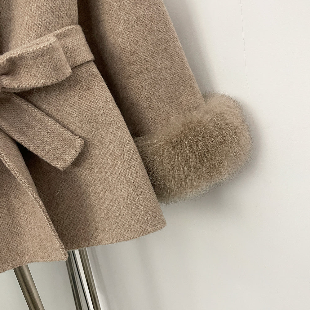OFTBUY Belted Warm Winter Elegant Fashion Outerwear Wool Jacket Lady New Women's Double-Faced Wool Coat with Real Fox Fur Cuffs