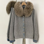 OFTBUY Denim Trim Warm Autumn Winter Fashion Outerwear Sweater Female New Women's Knit Cardigan with Large Real Fox Fur Collar