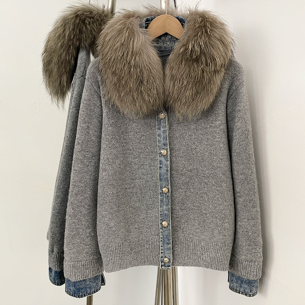 OFTBUY Denim Trim Warm Autumn Winter Fashion Outerwear Sweater Female New Women's Knit Cardigan with Large Real Fox Fur Collar
