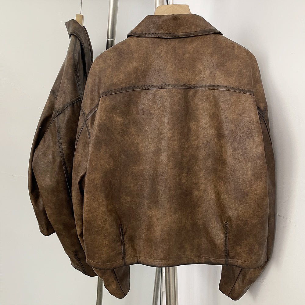OFTBU Oversized Pockets Streetwear Fashion Outerwear Fake Leather Coat Female New Women's Vintage Washed Faux Leather Jacket
