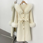 OFTBUY New Women's Wool Coat with Real Fox Fur Collar Cuffs Belted Waist Gold Button Elegant Winter Luxury Outerwear Female