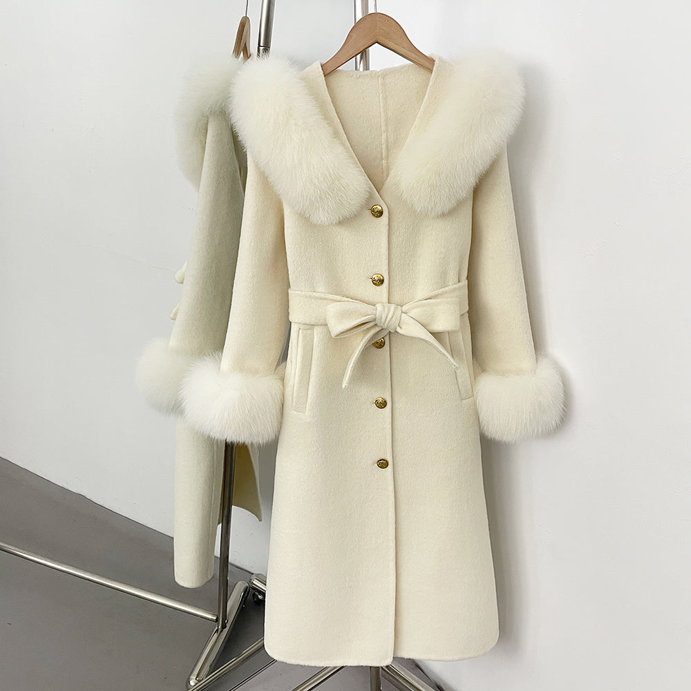 OFTBUY New Women's Wool Coat with Real Fox Fur Collar Cuffs Belted Waist Gold Button Elegant Winter Luxury Outerwear Female