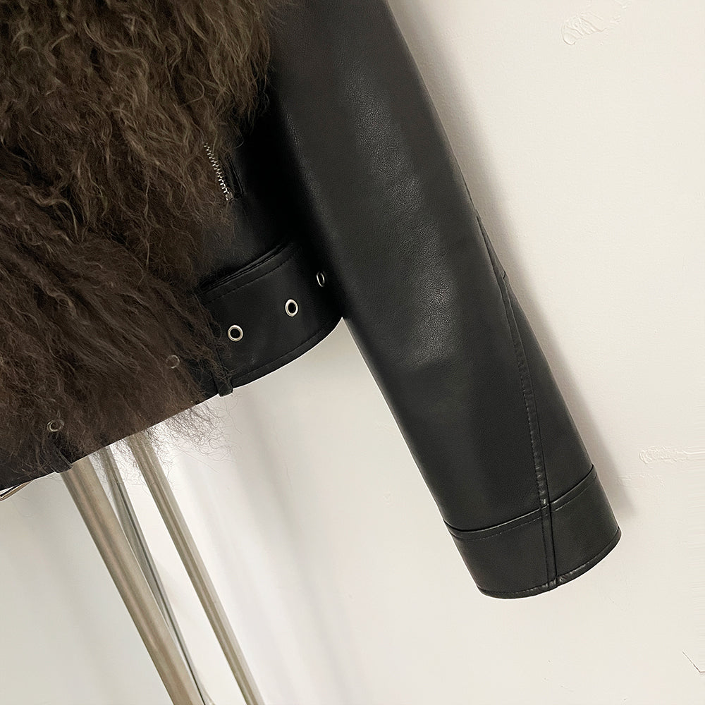 OFTBUY New Autumn Winter Clothes Women Fashion Warm Short Faux Leather Jacket Female Luxury Real Mongolia Sheep Fur Collar Coat