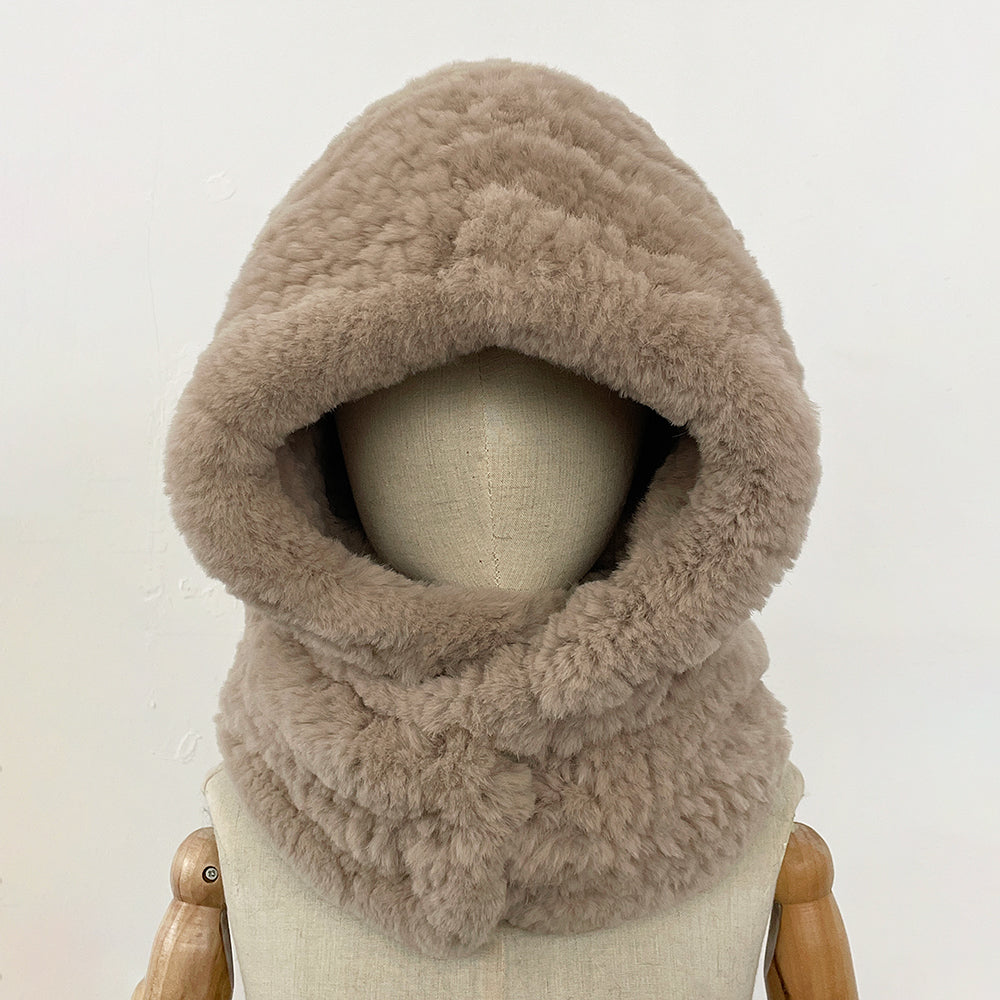 OFTBUY New Winter Cute Windproof Real Fur Cycling Cap with Muffler Female Thick Warm Natural Rabbit Fur Bomber Hat Scarf Women