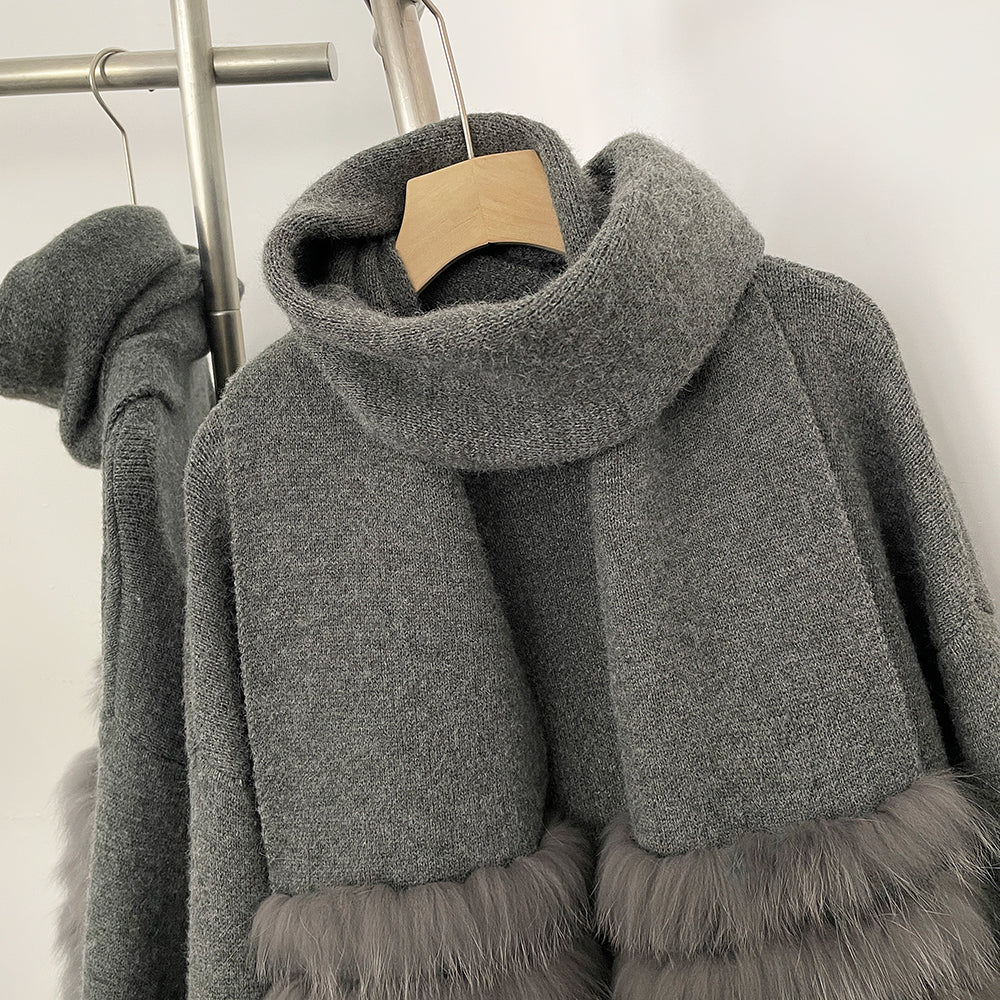OFTBUY Elegant Cardigan Sweater New Women's Knit Coat with Real Fox Fur Loose Fit Pockets Warm Winter Fashion Cardigan Female