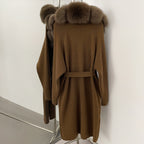 OFTBUY Women's Luxury Brown Knit Cardigan with Real Fox Fur Collar Belted Sweater Coat Female New Fashion Warm Winter Outerwear