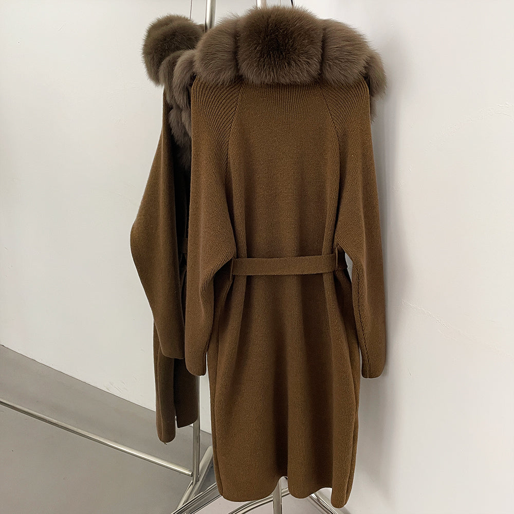 OFTBUY Women's Luxury Brown Knit Cardigan with Real Fox Fur Collar Belted Sweater Coat Female New Fashion Warm Winter Outerwear