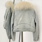 OFTBUY New Casual Fluffy Winter Clothes Women Short Mongolia Sheep Fur Collar Down Denim jacket Female Real Fur Puffer Jacket