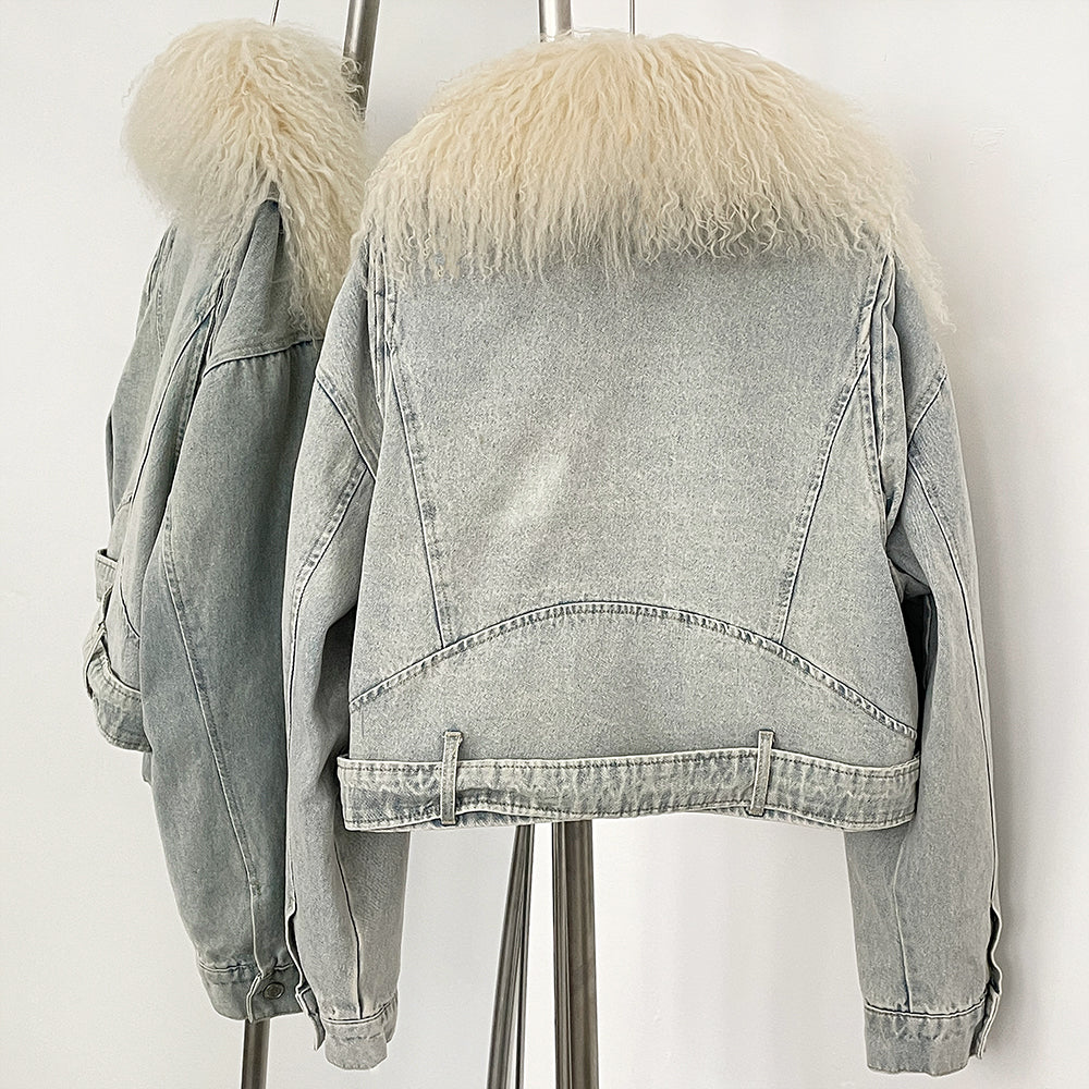OFTBUY New Casual Fluffy Winter Clothes Women Short Mongolia Sheep Fur Collar Down Denim jacket Female Real Fur Puffer Jacket