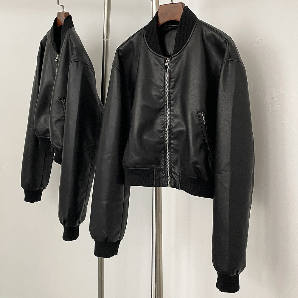 OFTBUY Women's Short Black Faux Leather Cropped Bomber Jacket Ribbed Trim PU Aviator Coat Female New Casual Vintage Outerwear