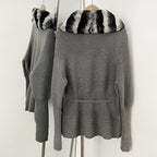 OFTBUY Drawstring Waist Slim Fit Jacket Warm Winter Outerwear New Women's 100% Cotton Knit Cardigan with Striped Rex Rabbit Fur