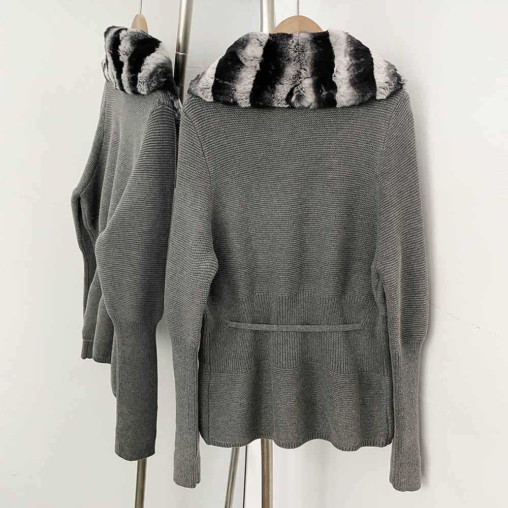 OFTBUY Drawstring Waist Slim Fit Jacket Warm Winter Outerwear New Women's 100% Cotton Knit Cardigan with Striped Rex Rabbit Fur