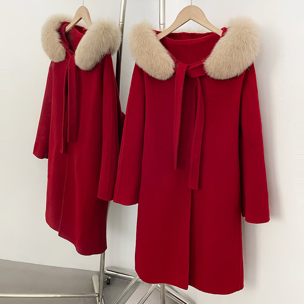 OFTBUY New Autumn Winter Natural Fur 100% Woolen Clothing Long Hooded Real Fox Fur Collar Elegant Double-sided Wool Coat Female