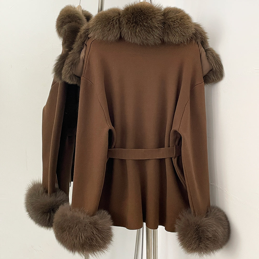 OFTBUY cardigan women Sweater Female New Women's Knit Coat with Real Fox Fur collar Belt Luxury Warm Winter Fashion Outerwear