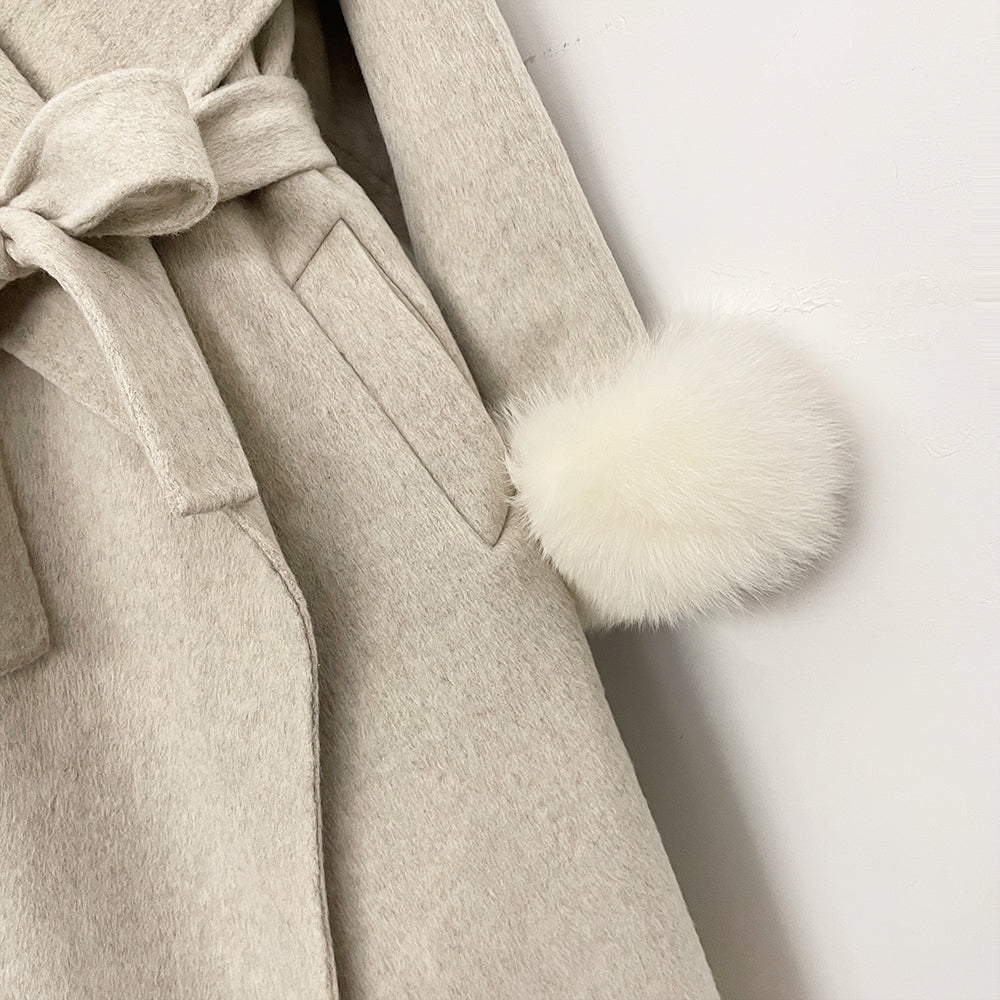 OFTBUY Belt Real Fox Fur Cuffs Elegant Warm Winter Outerwear lady New Women's Long Double-Faced Wool Coat Oversized Lapel Collar