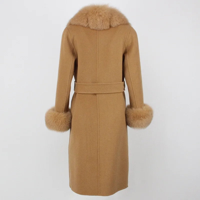 OFTBUY Winter Jacket Women Long Natural Wool Blends Cashmere Real Fur Coat Double Breasted Belt Warm Streetwear New Fashion