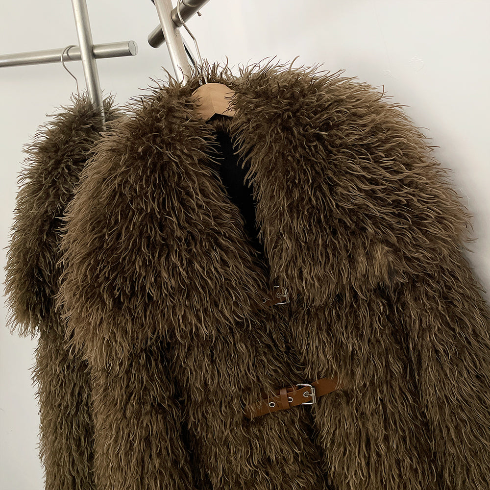OFTBUY Luxury Oversized Collar Faux Mongolian Sheep Fur Cropped Jacket - Belted Buckle Vegan Curly Fur Coat