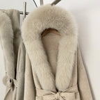 OFTBUY Hooded Big Natural Fur Belt Wool Coat Women New Autumn Winter Real Fox Fur Clothes Female Pocket Luxury Woolen Coat Lady