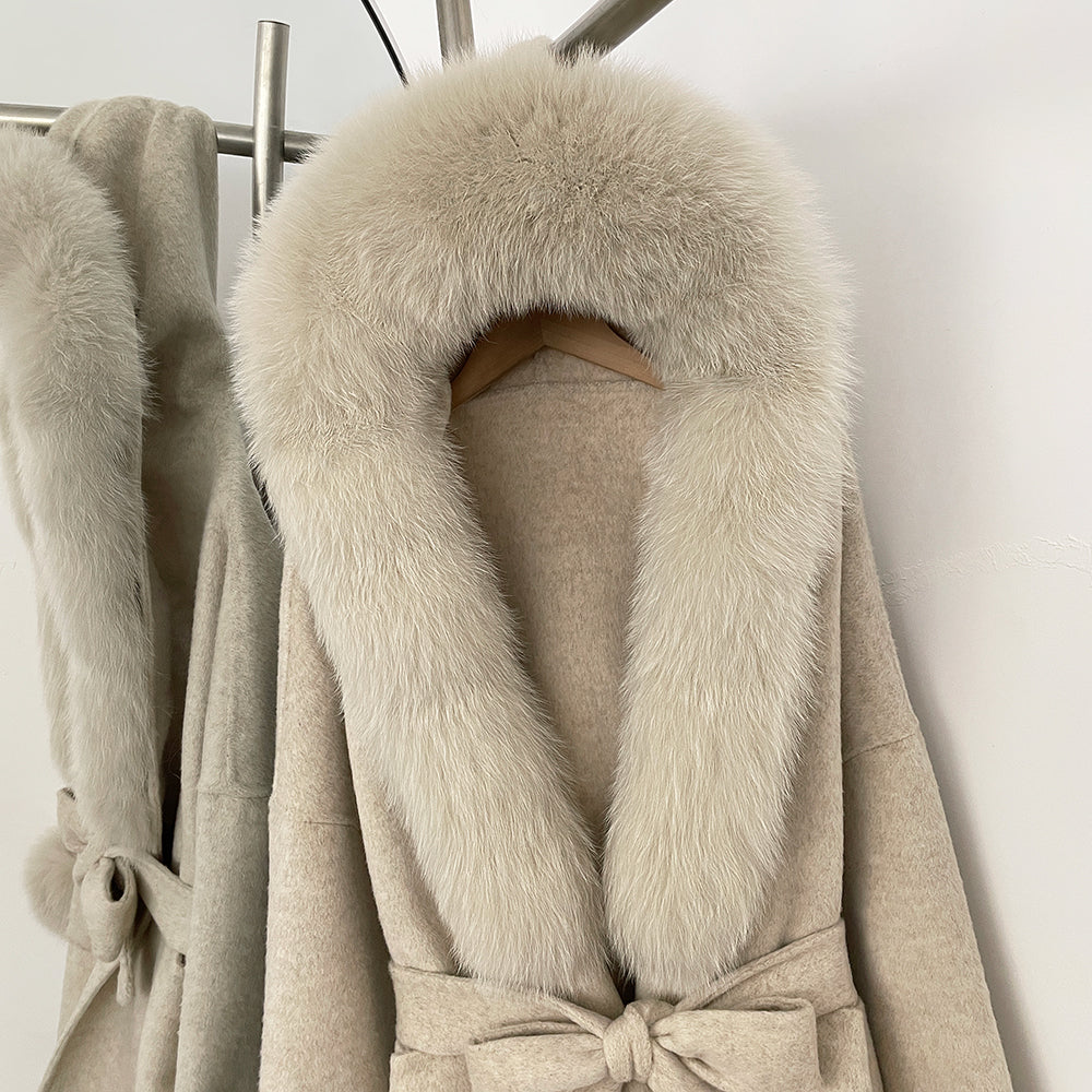 OFTBUY Hooded Big Natural Fur Belt Wool Coat Women New Autumn Winter Real Fox Fur Clothes Female Pocket Luxury Woolen Coat Lady