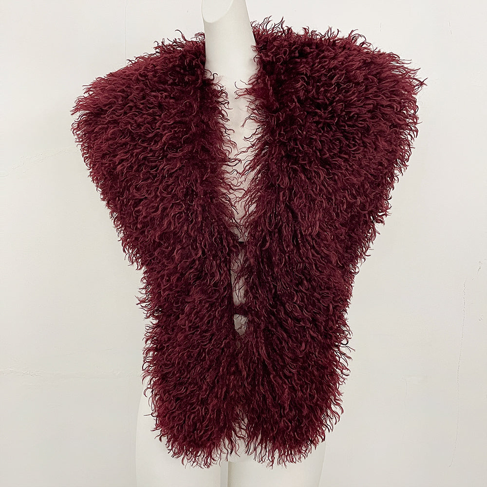 OFTBUY Women's Faux Mongolian Fur Vest Open Front Fluffy Faux Fur Waistcoat with Back Tie New Autumn Winter Outerwear Female