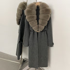 OFTBUY Warm Winter Elegant Fashion knit Outerwear female New Women's Knit Long Coat with Large Real Fox Fur Collar Belted Waist