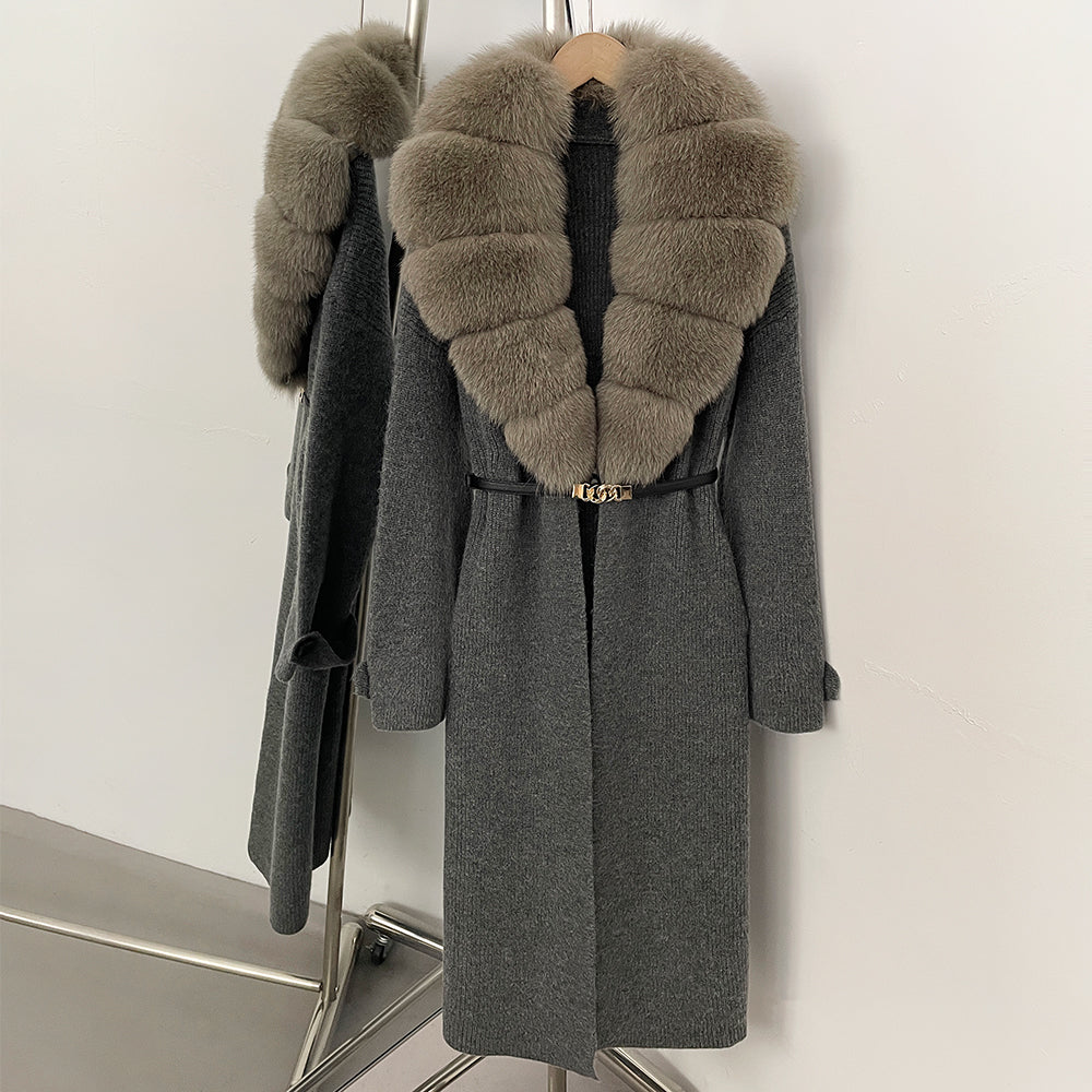 OFTBUY Warm Winter Elegant Fashion knit Outerwear female New Women's Knit Long Coat with Large Real Fox Fur Collar Belted Waist