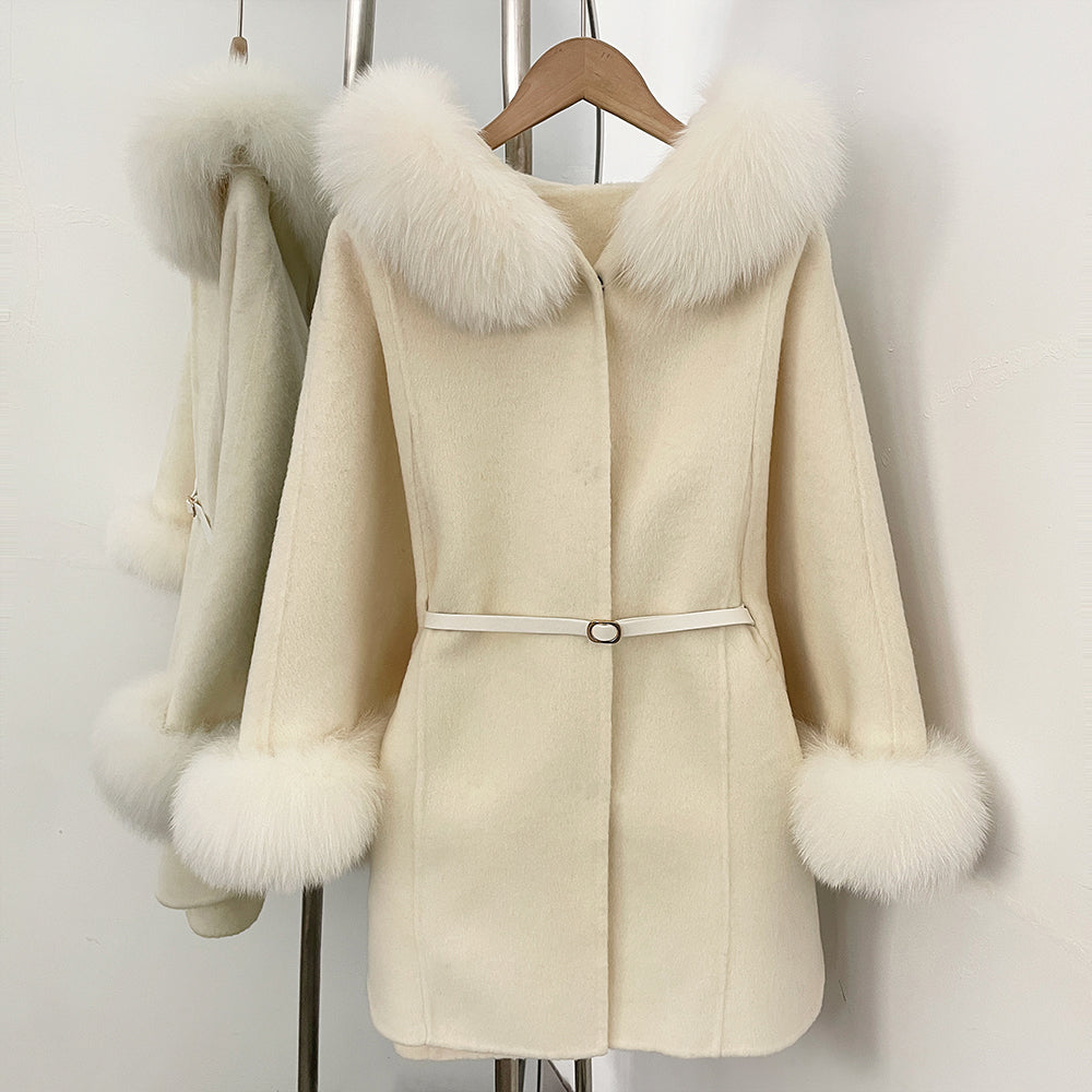 OFTBUY New Women's Wool Coat with Real Fox Fur Collar Cuffs Hooded Belted Waist Warm Winter Elegant Fashion Outerwear