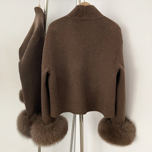OFTBUY Elegant Warm Outerwear Women's Luxury Double-Faced Wool Jacket Winter Open Front Pocket Real Fox Fur Cuffs Woolen Coat