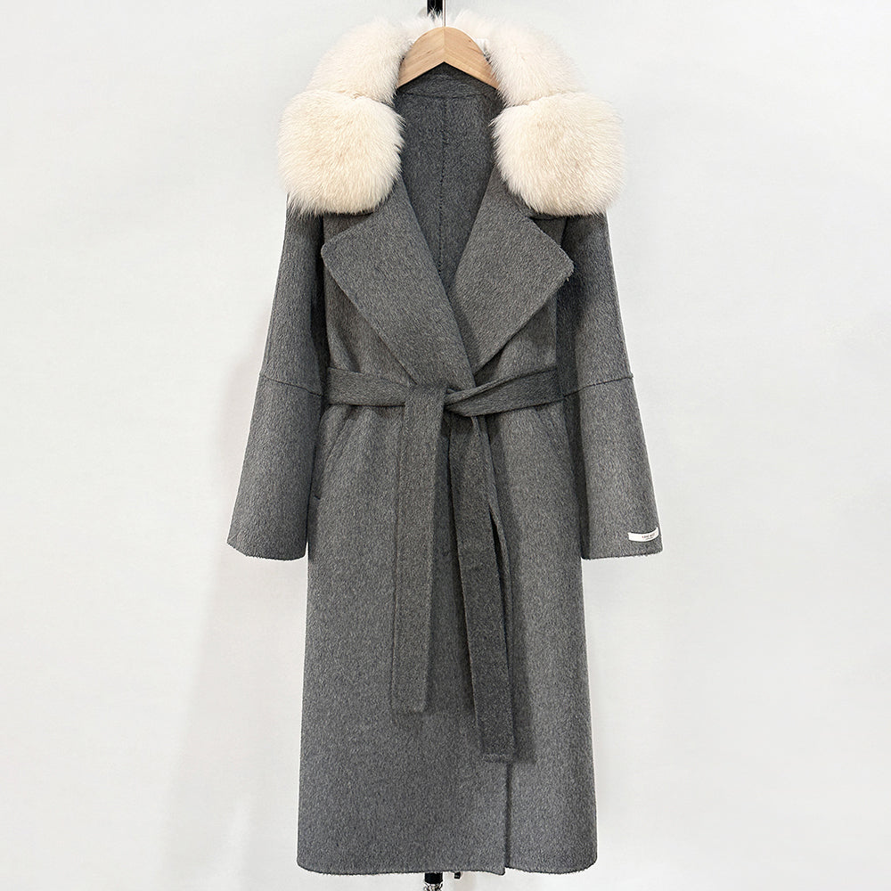 OFTBUY Belted Long Warm Winter Elegant Fashion Outerwear New Women's Double-Faced Wool Coat with Real Fox Fur Collar