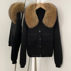 OFTBUY Short Natural Fox Fur Collar Knitted Sweater Coat FemaleReal Fur Clothing New Autumn Winter Knitting Cardigan Women