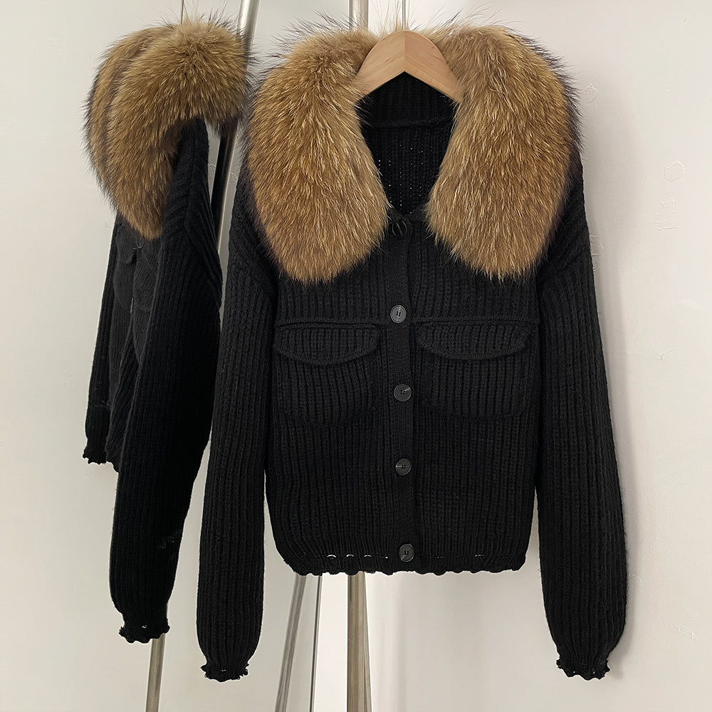 OFTBUY Short Natural Fox Fur Collar Knitted Sweater Coat FemaleReal Fur Clothing New Autumn Winter Knitting Cardigan Women