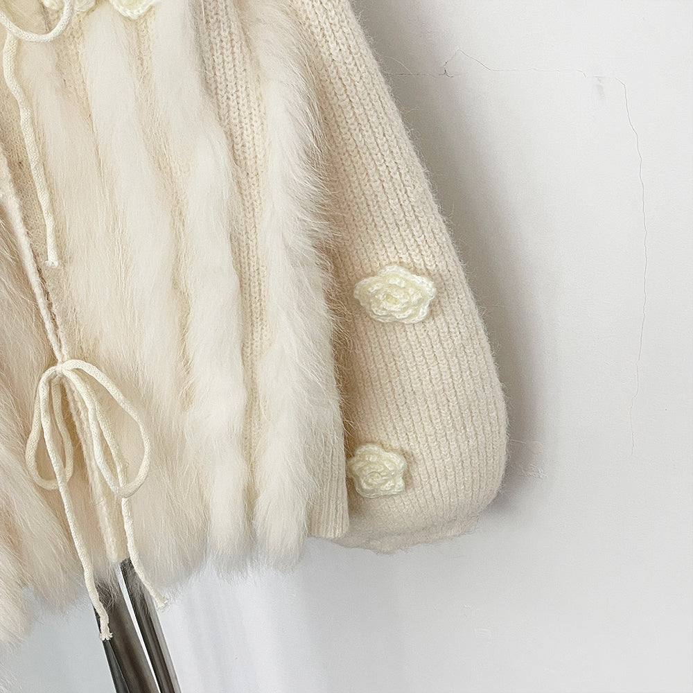 OFTBUY New Spring Winter Real Fox Fur Cardigan Clothing Women 3D Flowers Kint Sweater Coat Female Loose V-neck Knitwear Jacket