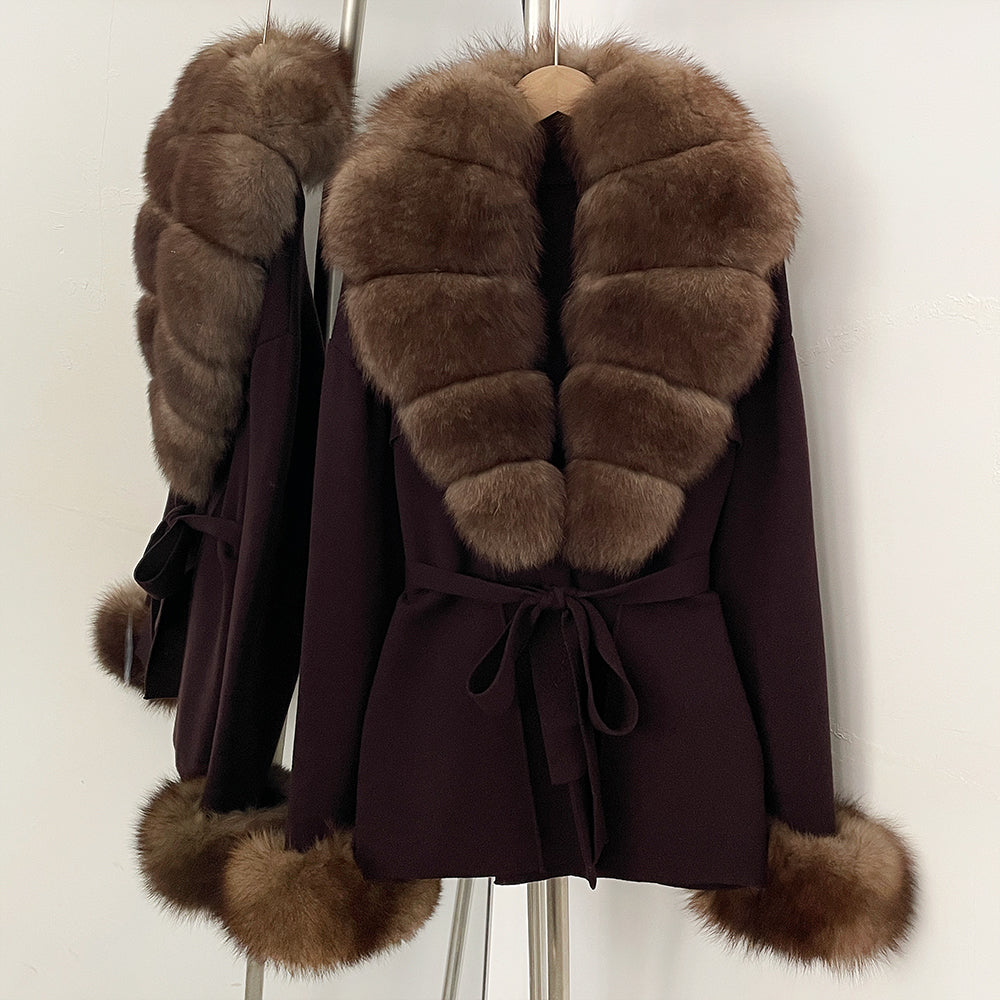 OFTBUY New Women's Knit Cardigan with Real Fox Fur Collar and Cuff Belt Luxury Coat Warm Autumn Fashion Outerwear Sweater Female