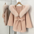 OFTBUY New Autumn Winter Wool Clothing Women Belt Hooded Real Fox Fur Cape Coat Female Fashion Warm Woolen Natural Fur Jacket