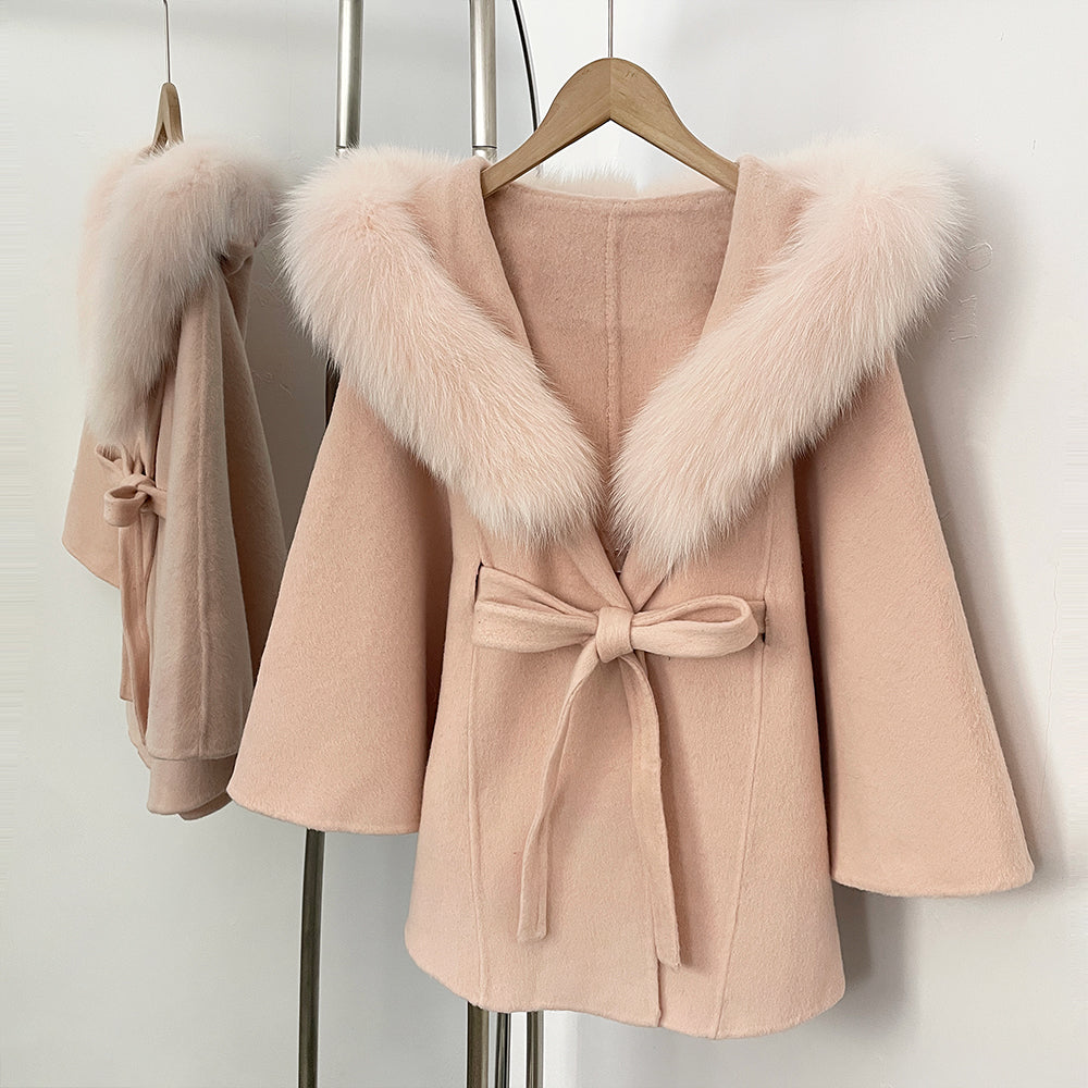 OFTBUY New Autumn Winter Wool Clothing Women Belt Hooded Real Fox Fur Cape Coat Female Fashion Warm Woolen Natural Fur Jacket