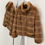 OFTBUY Women Horizontal Striped Real Rabbit Fur Coat Luxury Camel Fur Jacket with Stand Collar New Warm Winter Outerwear Female