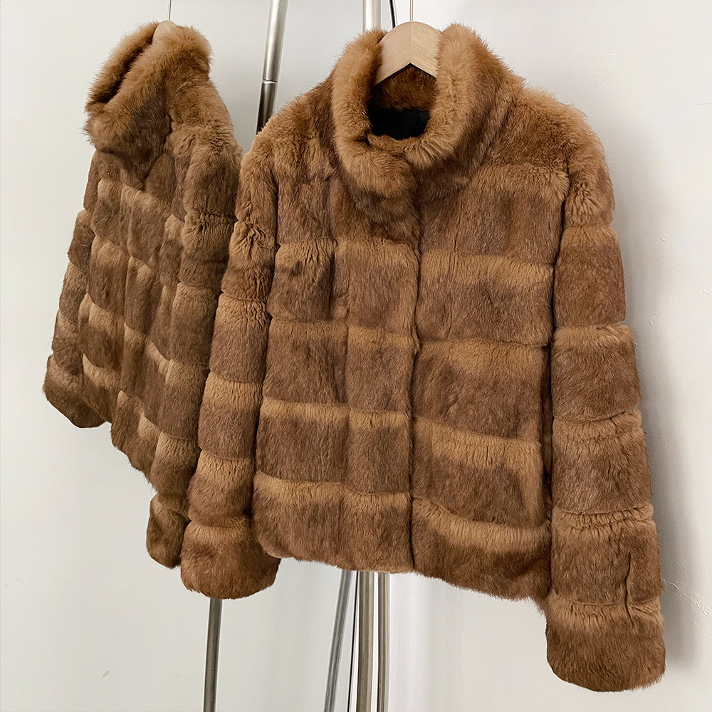 OFTBUY Women Horizontal Striped Real Rabbit Fur Coat Luxury Camel Fur Jacket with Stand Collar New Warm Winter Outerwear Female