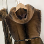 OFTBUY Luxury Belted Faux Fur Vest - Elegant Funnel Neck Vegan Fur Gilet with Vertical Stripes