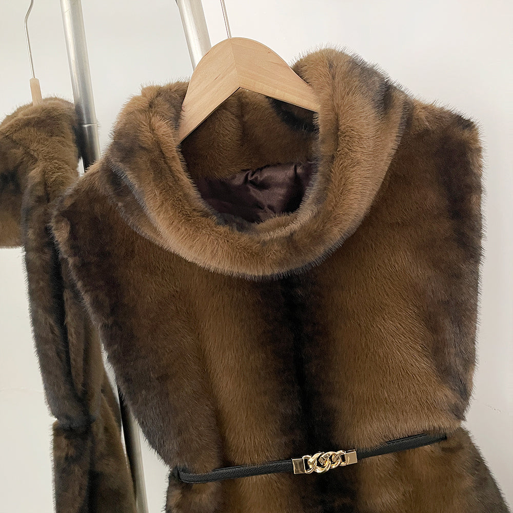 OFTBUY Luxury Belted Faux Fur Vest - Elegant Funnel Neck Vegan Fur Gilet with Vertical Stripes