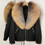 Black luxury parka jacket with massive golden island fox fur collar and rabbit lining