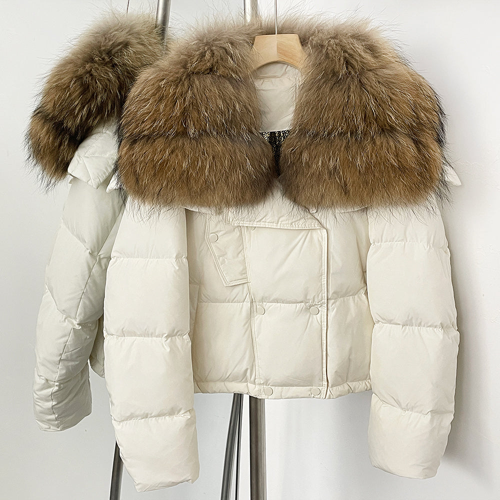 OFTBUY New Short Winter Clothing Women Thickened Warm Fluffy Raccoon Fur Puffer Jacket Female Real Fox Fur Collar Down Coat