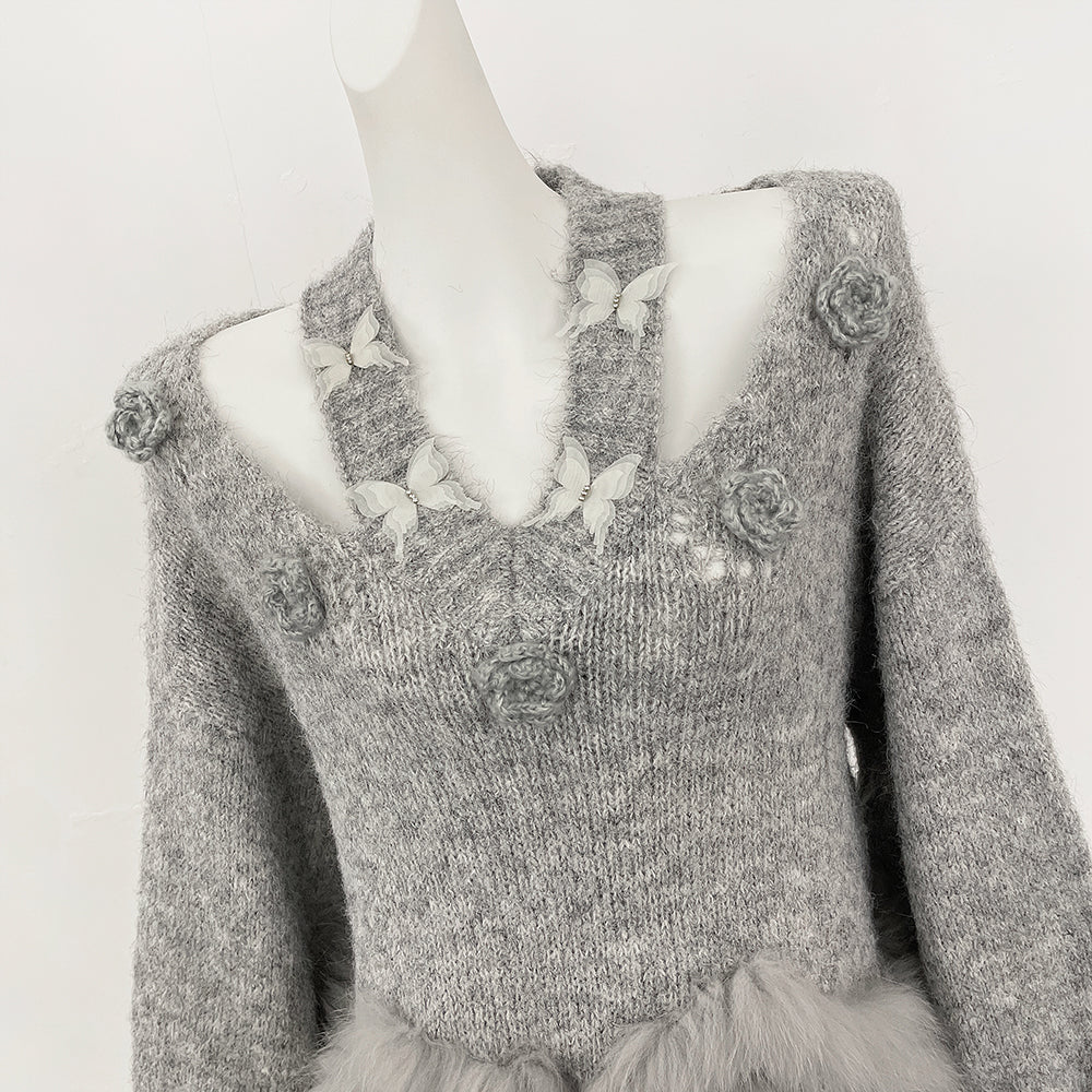 OFTBUY New Spring Autumn Flowers Butterflies Knitting Pullovers Clothes Women Halves Knitted Sweater Female Real Fox Fur Coat