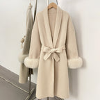 OFTBUY New Women's Double-Faced Wool Coat with Real Fox Fur Cuffs Belted Warm Winter Elegant Fashion Outerwear Wool Jacket Lady