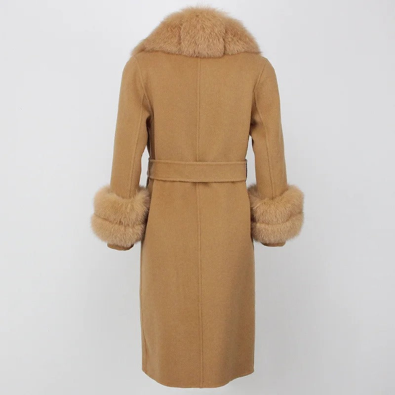 OFTBUY Winter Jacket Women Long Natural Wool Blends Cashmere Real Fur Coat Double Breasted Belt Warm Streetwear New Fashion