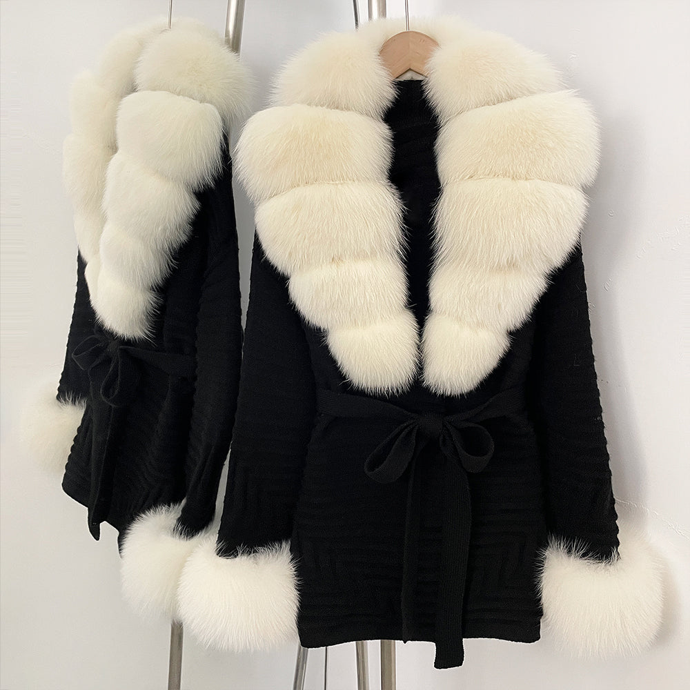 OFTBUY Belted Waist Striped Texture Pockets New Women's Knit Coat with Large Real Fox Fur Collar Winter Luxury Elegant Outerwear