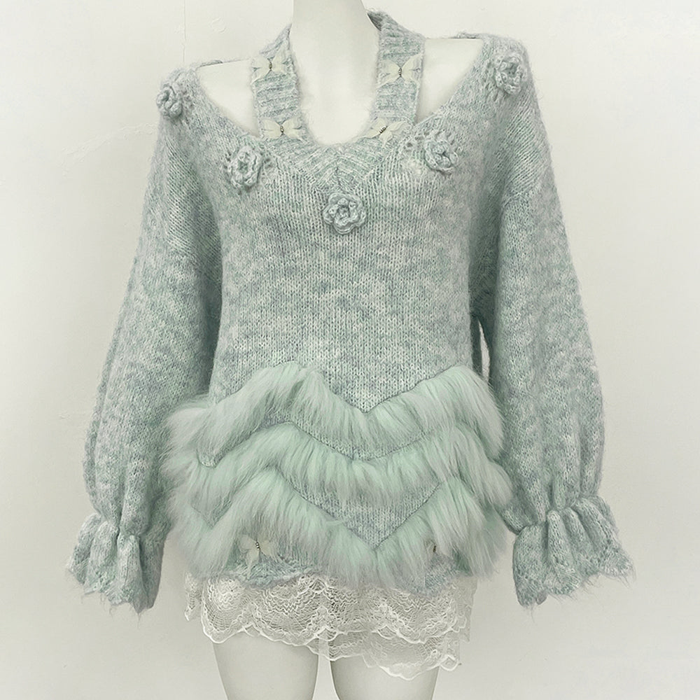 OFTBUY New Spring Autumn Flowers Butterflies Knitting Pullovers Clothes Women Halves Knitted Sweater Female Real Fox Fur Coat