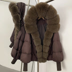 OFTBUY Luxury Cropped Down Puffer with Colossal Real Fur Collar - Premium 90% Duck Down Winter Statement Coat